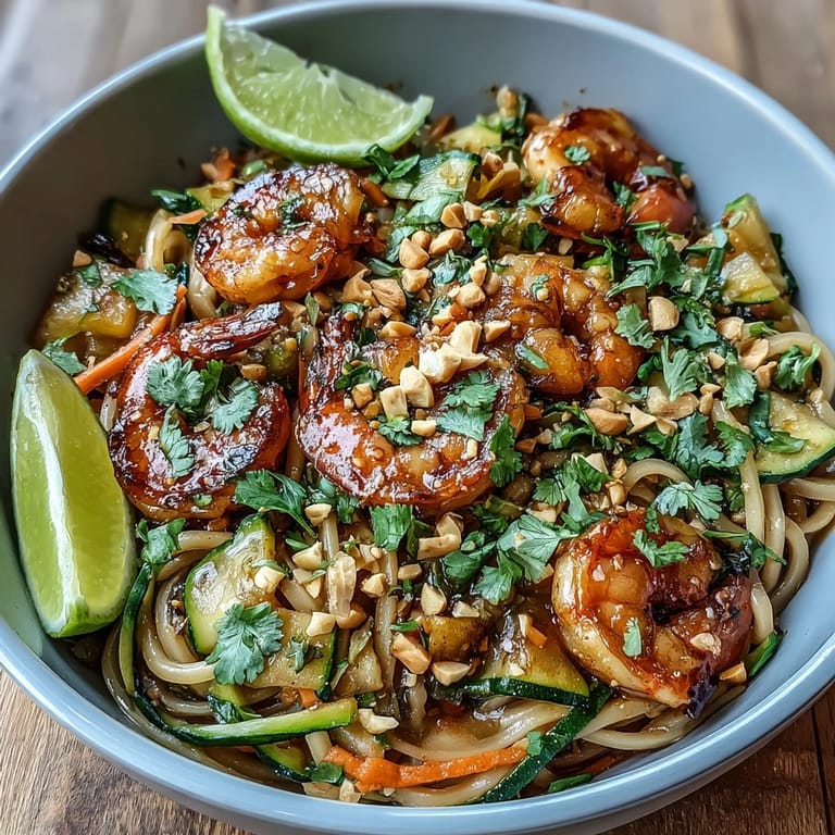 Stir-fried Asian Noodle Bowl features tender shrimp, crisp zucchini, and a savory sauce.