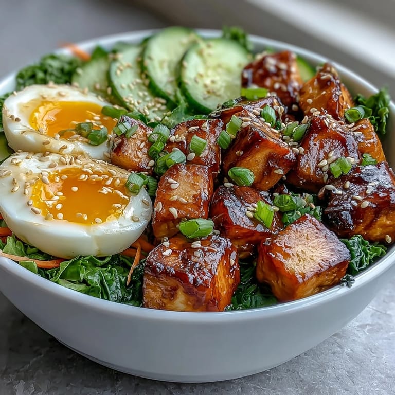 Golden sautéed tofu and creamy jammy eggs over warm rice with crisp veggies and a drizzle of zesty ginger sauce.