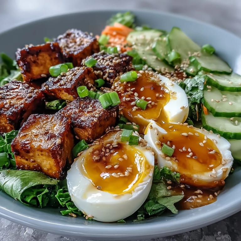 A vibrant breakfast bowl with seasoned tofu, soft jammy eggs, fresh spinach, cucumber, and sesame seeds.