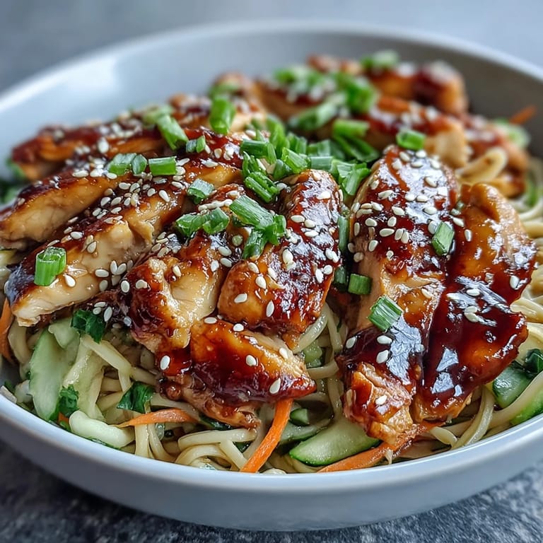 Savory-sweet sauce glazed chicken tops vibrant noodles and crunchy veggies in this family-style Asian Chicken Noodle Bowl.