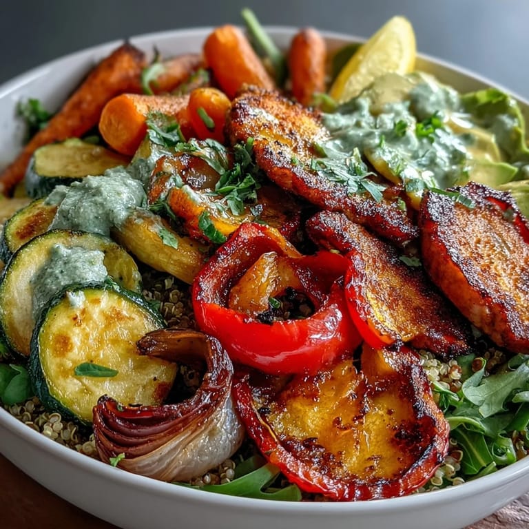 The Paprika Roasted Vegetable Quinoa Bowl features tender roasted veggies, savory golden chicken, creamy avocado, and fresh greens on a fluffy quinoa base.