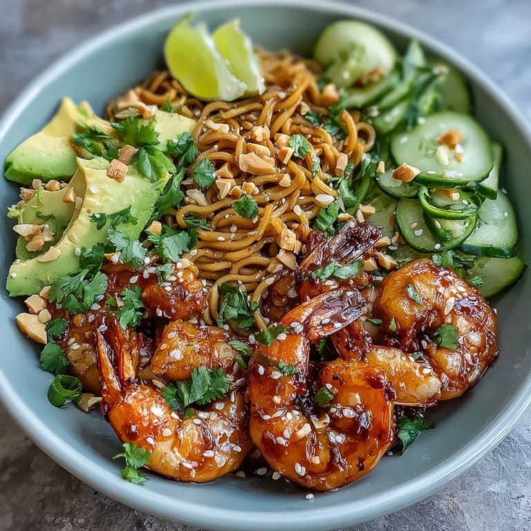 Easy weeknight Grilled Shrimp Asian Noodle Bowl with charred shrimp, egg noodles, and fresh veggies, served with lime wedges.