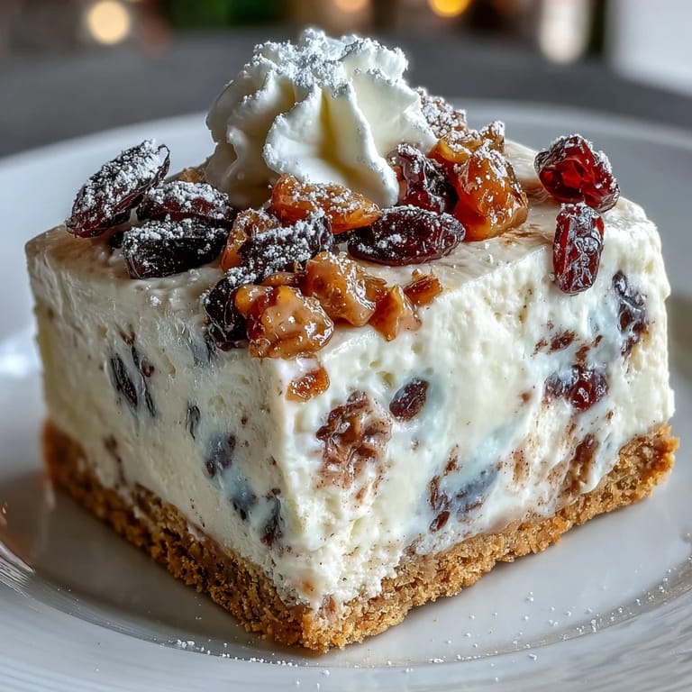 Festive Christmas Cheesecake Slab squares served on a wooden board, perfect with spiced tea for cozy holiday gatherings.