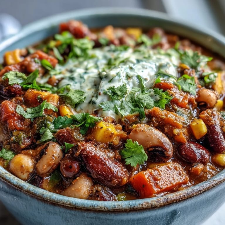 This hearty Black-Eyed Pea Chili is served in a rustic bowl with tortilla chips for dipping.