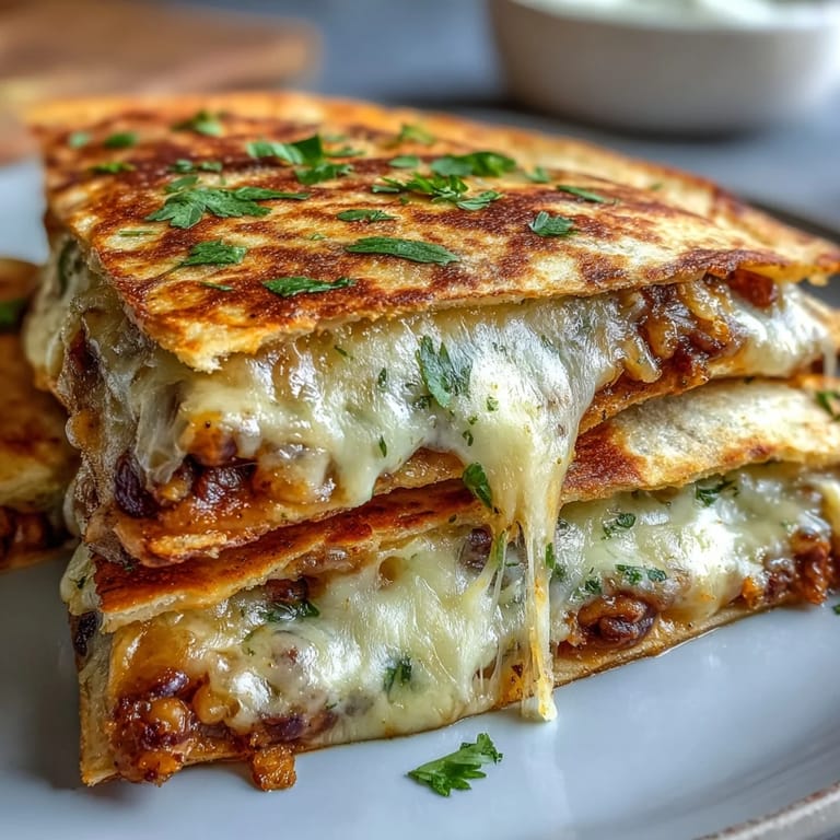 Close-up on a sliced Black-Eyed Pea Quesadilla revealing the warm, savory black-eyed pea mash and Monterey Jack cheese interior.
