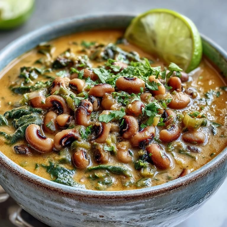 Vibrant Black-Eyed Pea Curry with golden turmeric hues, green peas, and chopped onions in a rustic ceramic bowl.
