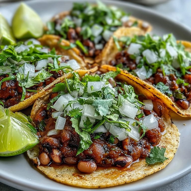 Black-Eyed Pea Tacos filled with mashed peas, served with lime wedges on a plate.