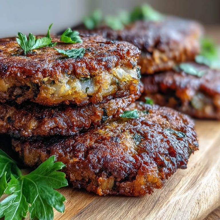 A close-up of crispy pan-fried Black-Eyed Pea Burger Patties topped with vegan mayo and pickles.