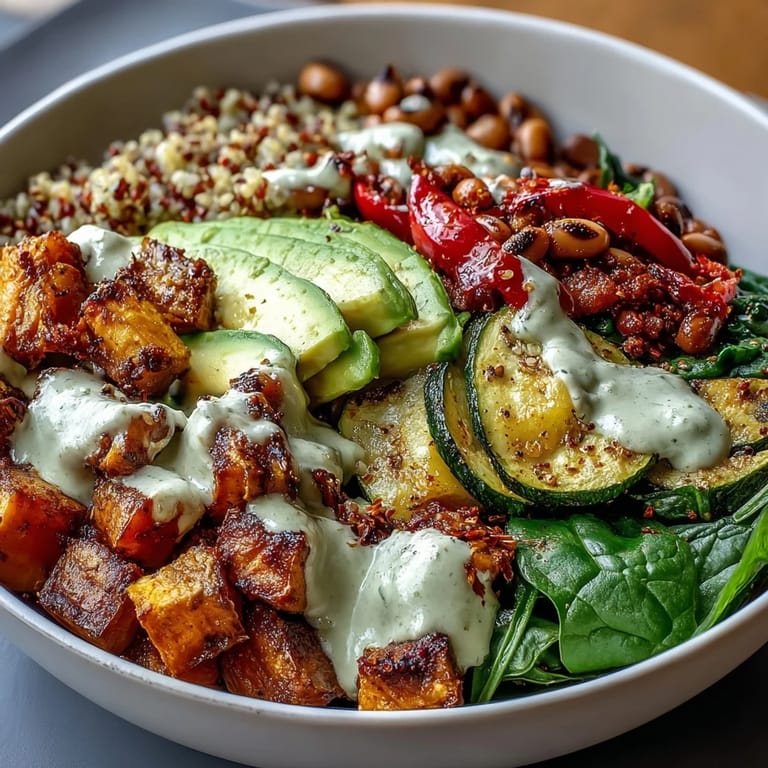 A close-up shows creamy tahini dressing drizzled over the Black-Eyed Pea Buddha Bowl with fresh avocado and spinach.