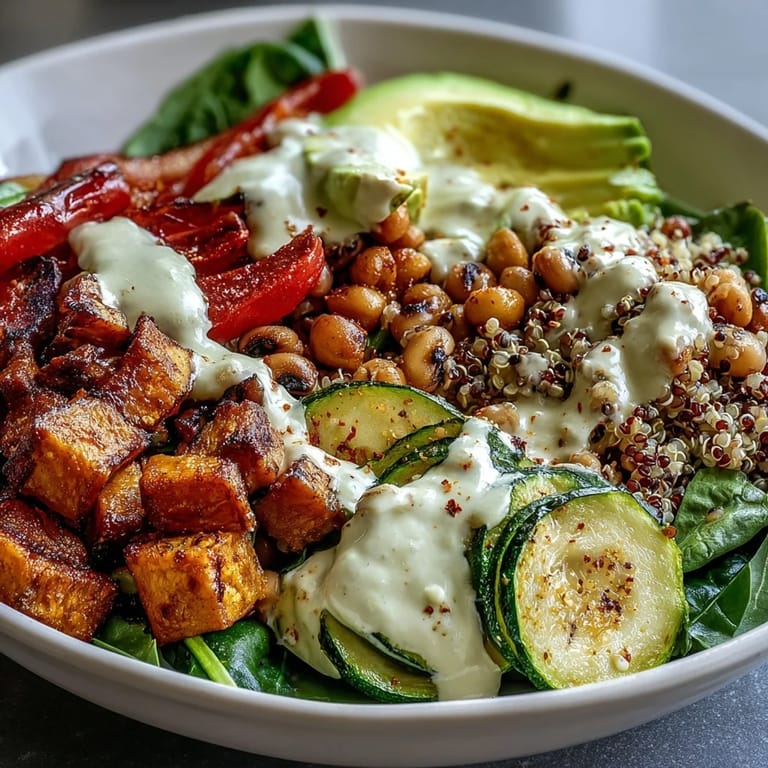 Served in a rustic bowl, this wholesome Black-Eyed Pea Buddha Bowl features colorful vegetables and a generous herb garnish.