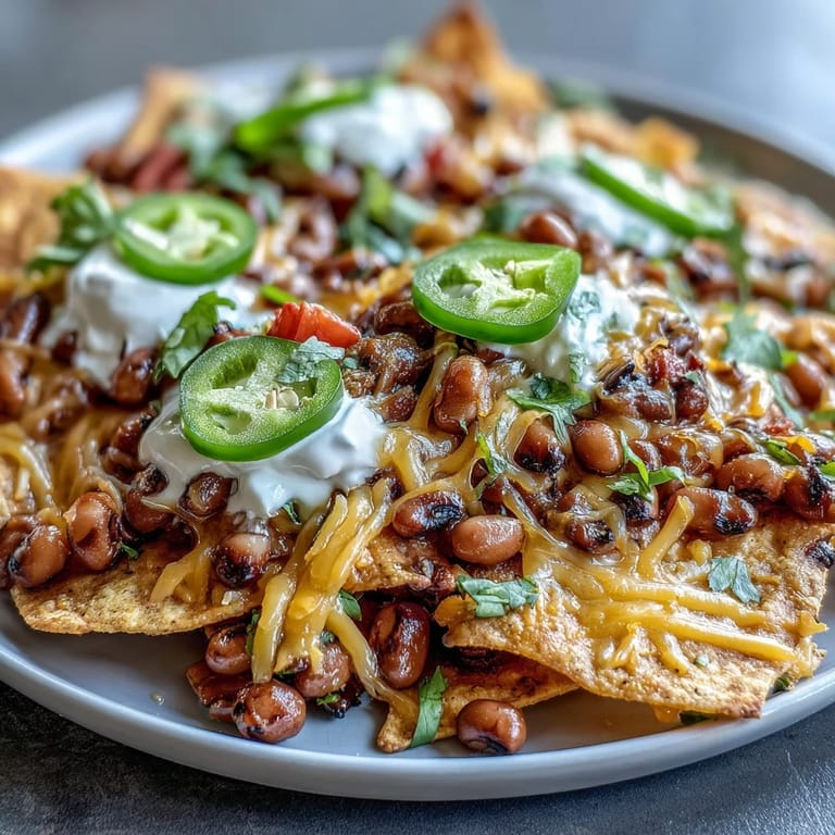 A close-up of Black-Eyed Pea Nachos topped with sour cream, diced tomatoes, and fresh cilantro.