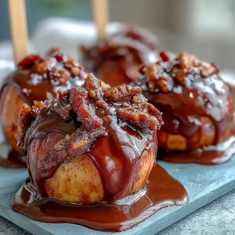 Gourmet caramel-dipped apple wedges with dark chocolate drizzle, topped with crunchy nuts for a delightful dessert.