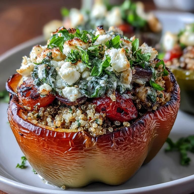 Colorful bell peppers stuffed with protein-rich quinoa, chopped herbs, and seasonal vegetables, perfect for a healthy vegetarian dinner.