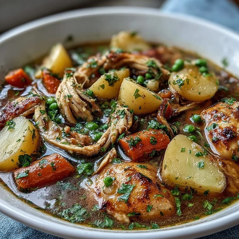 Comforting Slow Cooker Chicken Pot Pie Soup, a creamy blend of chicken, potatoes, and veggies perfect for cozy dinners.