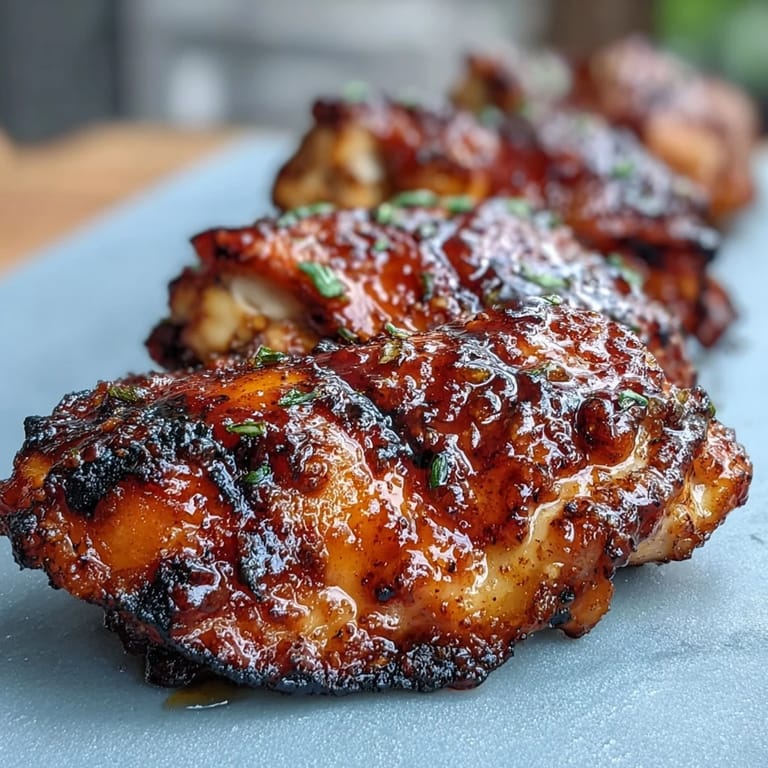 Juicy, sticky honey garlic chicken thighs grilled to perfection, served with a sprinkle of parsley and a side of grilled vegetables.
