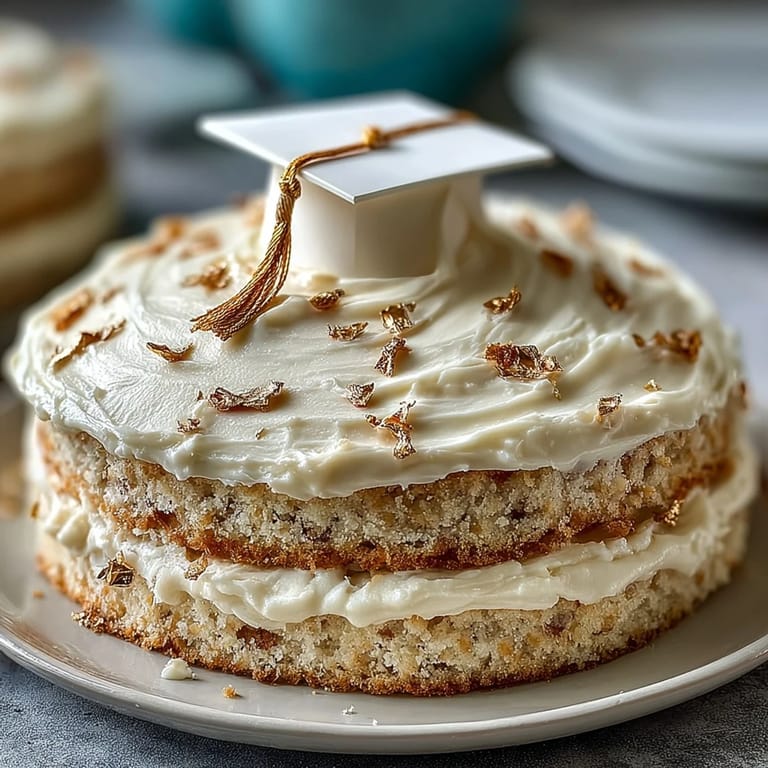 Festive vanilla sponge graduation cake topped with creamy buttercream, edible gold accents, and a charming diploma-shaped decoration.