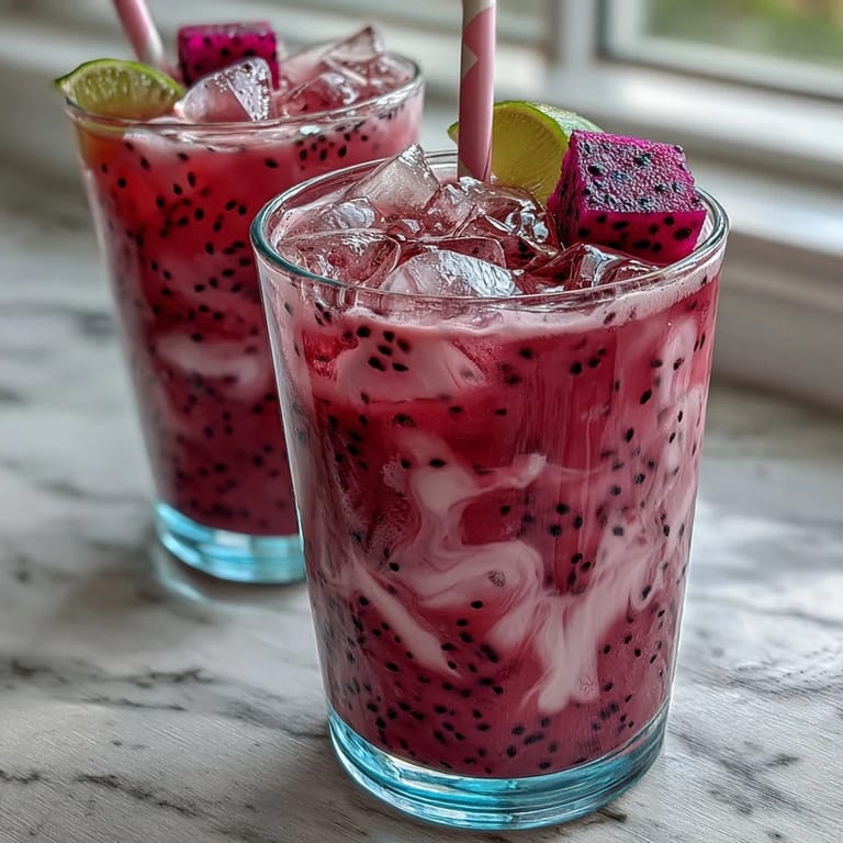 Tropical dragon fruit coconut milk refresher, a creamy and fruity beverage perfect for hot summer days, bursting with color.