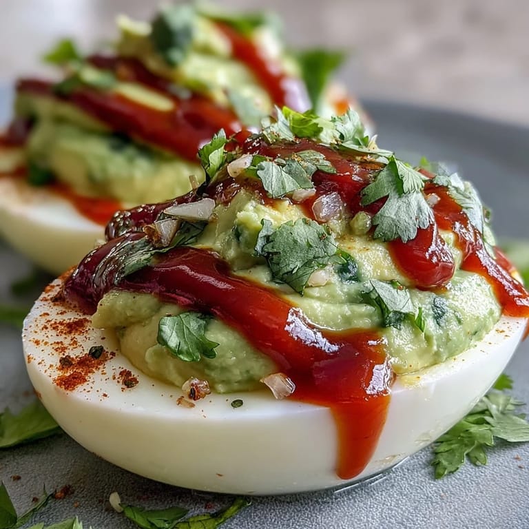 Vibrant green avocado filling in classic deviled egg whites, topped with zesty Sriracha for a bold flavor kick.  