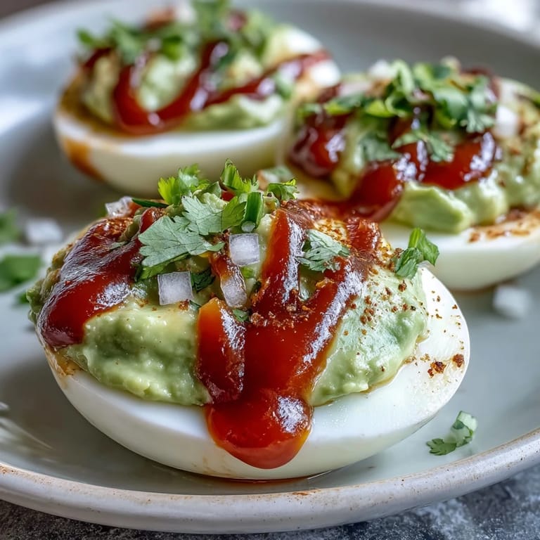 Fresh deviled eggs with avocado and lime, garnished with cilantro and a Sriracha drizzle for a spicy twist.