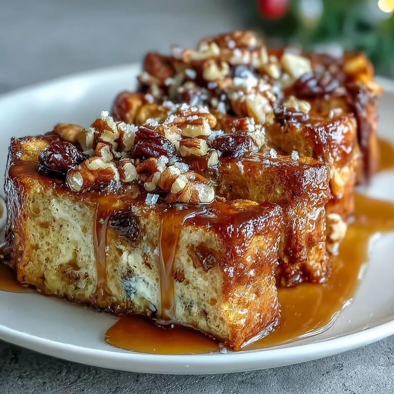 Layered slices of French bread soaked in spiced piloncillo syrup with plump raisins and melted cheese, baked to golden perfection.