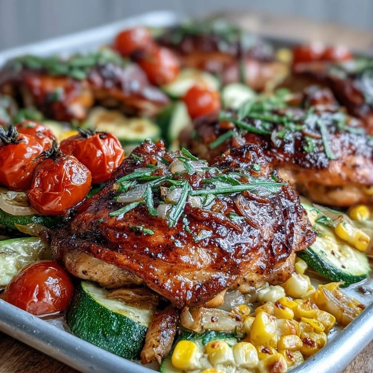 One-pan sheet pan chicken with zucchini and corn, featuring smoky paprika-seasoned chicken and caramelized summer vegetables.  