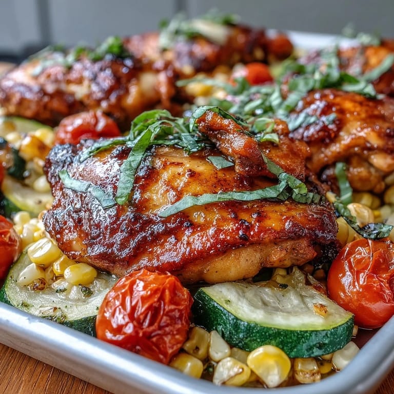 Easy sheet pan chicken with zucchini and corn, a healthy, gluten-free dinner with vibrant roasted vegetables and tender chicken.