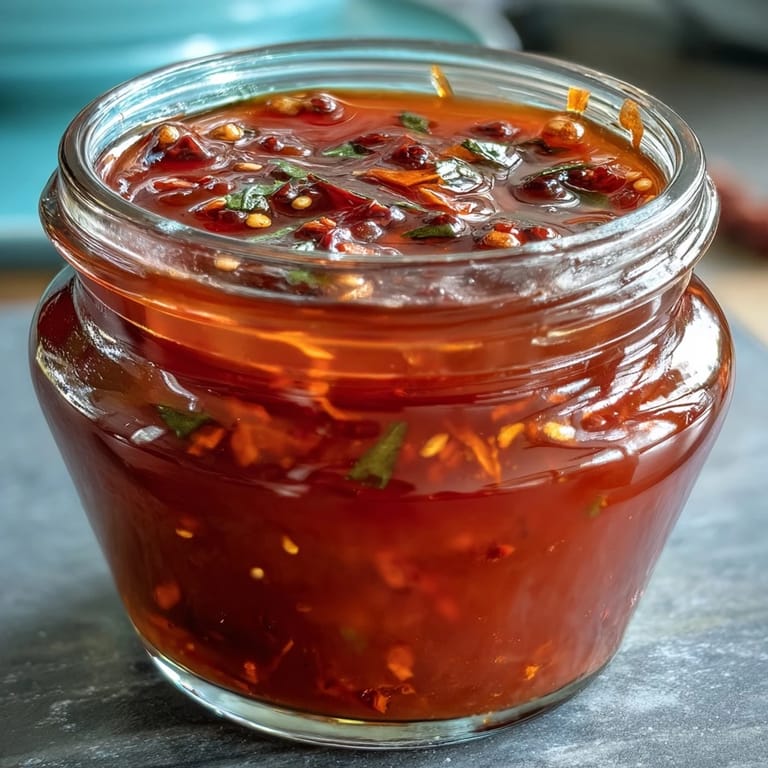 Spicy and tangy homemade hot sauce with chili peppers and garlic, fermented for complex flavor and bold heat.