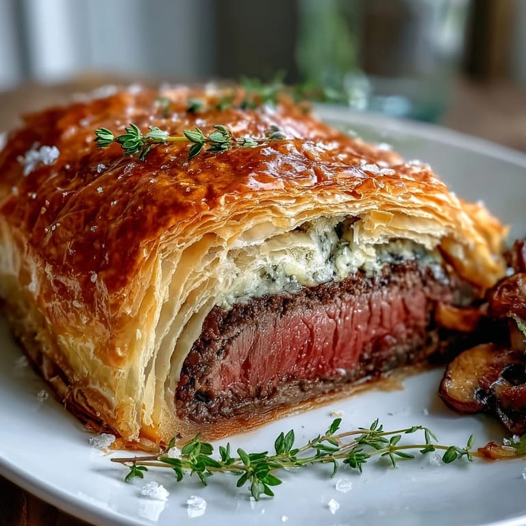 Individual Beef Wellingtons feature tender seared beef, savory mushroom duxelles, and prosciutto encased in flaky golden puff pastry.