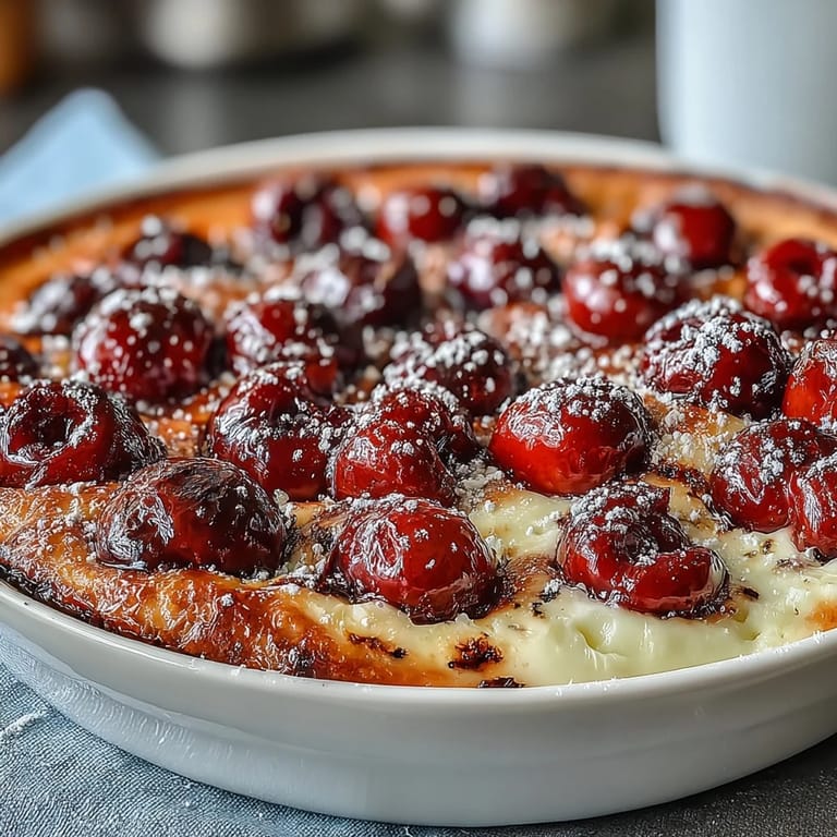 Juicy sweet cherries nestled in a creamy vanilla bean custard, baked until puffed and lightly golden.  