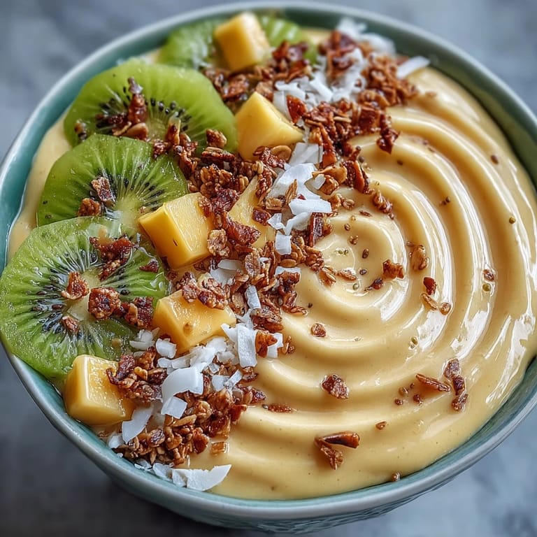 This refreshing smoothie bowl blends sweet mango, tangy lime, and a hint of chili heat, served with crunchy granola and tropical fruit toppings.