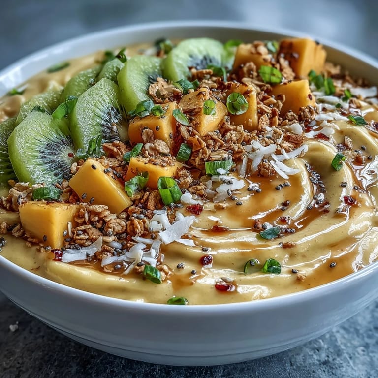 Creamy mango smoothie with a zesty lime and spicy chili kick, beautifully arranged in a bowl with kiwi, chia seeds, and mint leaves.