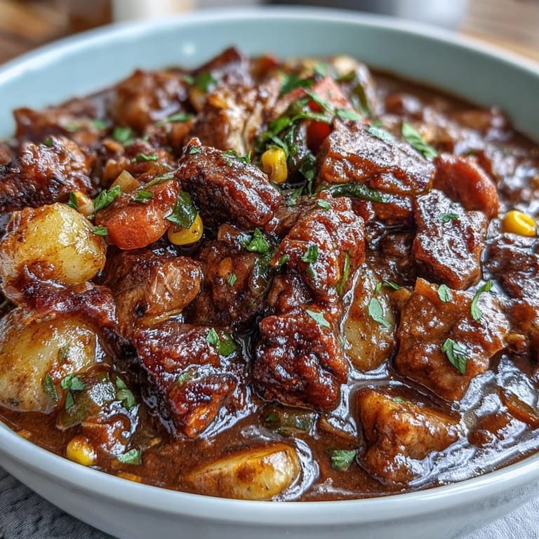 Rich Southern Kentucky Derby Burgoo featuring beef, pork, and chicken with a colorful mix of vegetables.  