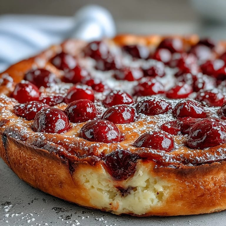 Classic French cherry clafoutis dusted with powdered sugar, showcasing a tender custard and vibrant summer fruit.