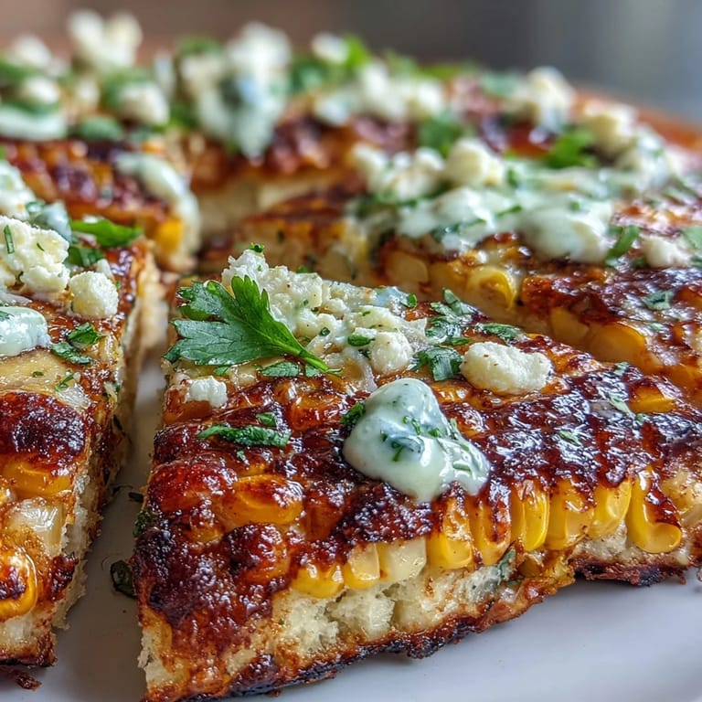 3. Vibrant Cinco de Mayo flatbread loaded with charred corn, tangy jalapeño crema, and fresh cilantro, served hot with lime wedges.