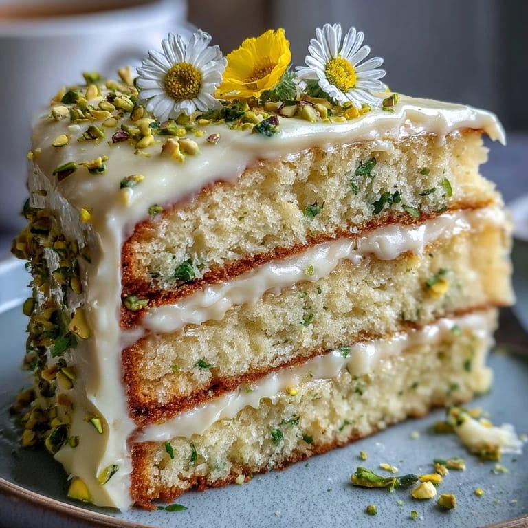 Festive spring birthday lemon pistachio cake featuring moist lemon layers, rich pistachio frosting, and crunchy nut topping, perfect for special occasions.