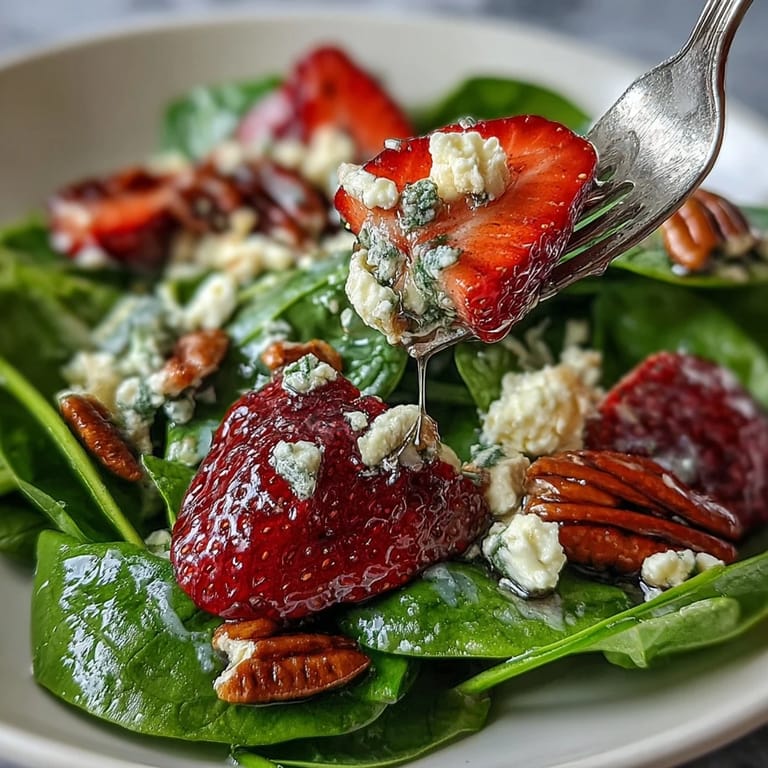 Sweet strawberries and baby spinach tossed with balsamic dressing, creamy cheese, and toasted nuts for a refreshing salad.