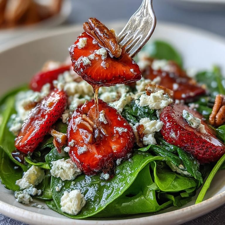 Vibrant strawberry spinach spring salad topped with red onion, goat cheese, and crunchy almonds in tangy balsamic dressing.  