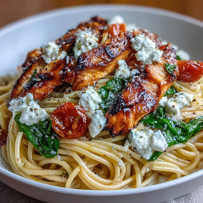 Wholesome pasta bowl featuring tender chicken, protein-rich cottage cheese, and vibrant spinach leaves for a nutritious meal.