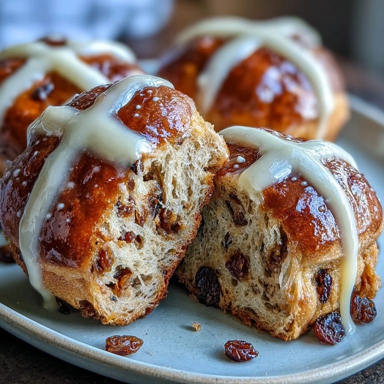 Pillowy homemade hot cross buns topped with a sweet white cross, filled with plump raisins and hints of cinnamon and nutmeg.
