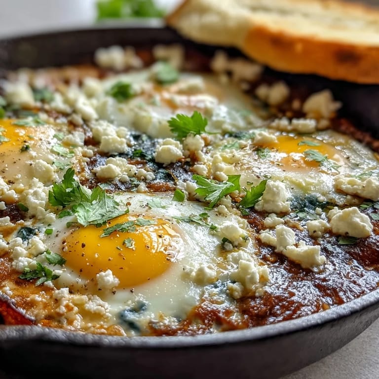 Aromatic Spinach and Feta Shakshuka featuring perfectly cooked eggs nestled in a rich, smoky tomato and spinach base.  