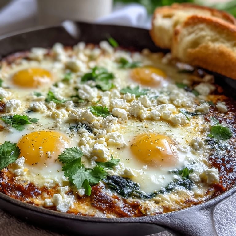 Colorful Spinach and Feta Shakshuka served with crusty bread, showcasing runny egg yolks and crumbled feta in a hearty vegetable sauce.