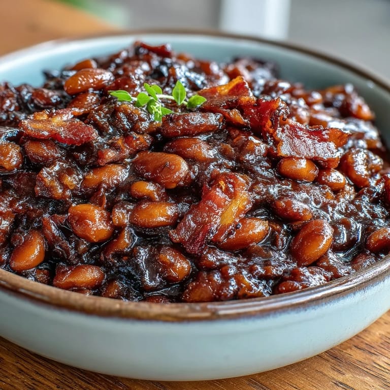 Close-up of Juneteenth BBQ Baked Beans with Bacon, bubbling and rich with molasses.