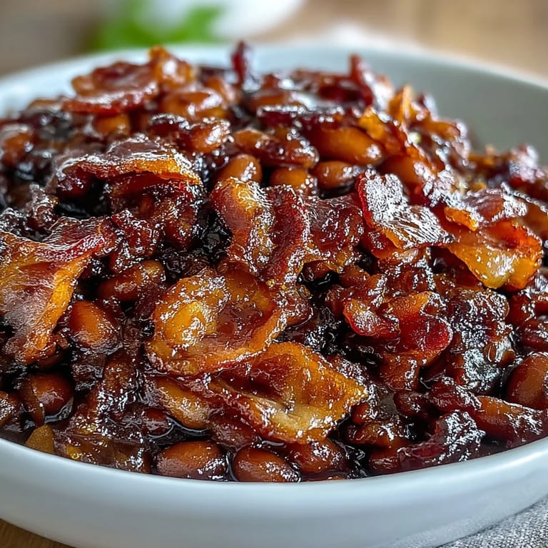 Juneteenth BBQ Baked Beans with Bacon served warm, showcasing crispy bacon topping.