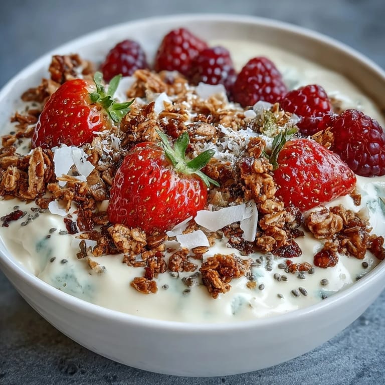 Creamy skyr protein smoothie bowl, a healthy breakfast with delicious berry toppings.