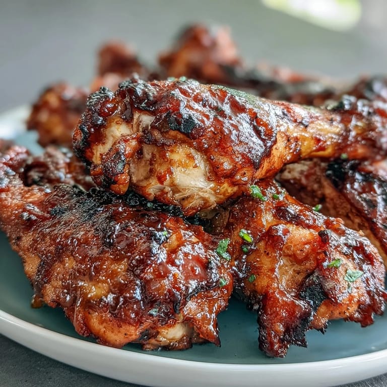 Mouthwatering BBQ chicken drumsticks topped with a vibrant, smoky peach sauce.