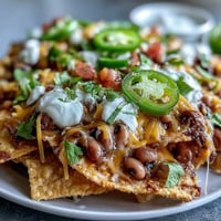 Golden-baked tortilla chips loaded with black-eyed peas, melted cheddar, and spicy jalapeños, ready for game day.