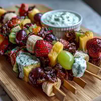 Vibrant fruit skewers and creamy yogurt dip in a colorful bento box, perfect for fun kid lunches with healthy sides.  