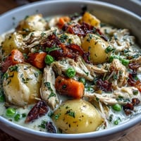 Creamy Slow Cooker Chicken Pot Pie Soup with tender chicken and hearty vegetables in a rich, savory broth.