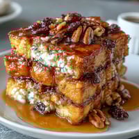 Warm cinnamon and piloncillo syrup drizzled over toasted bread, raisins, and melty cheese in a comforting Mexican capirotada dessert.