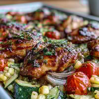 Sheet pan chicken with zucchini and corn, a colorful roasted dinner with juicy chicken, sweet corn, and tender vegetables.  